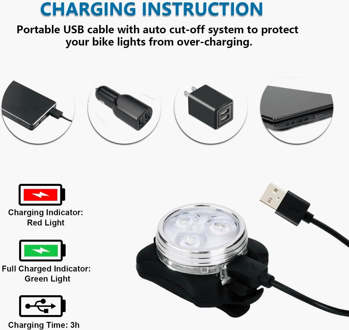 Juego luces bicicleta USB LED impermeable 4 modos