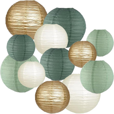 12 Linternas Papel Verde Salvia Doradas Colgantes Decoración