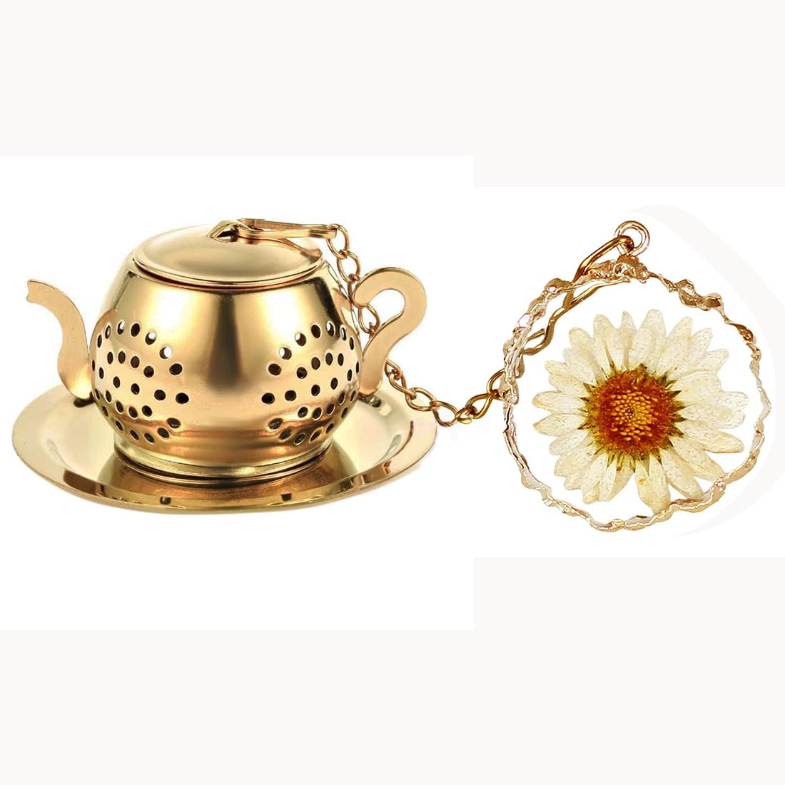 Infusor de té de acero inoxidable con colgante de resina de margarita real