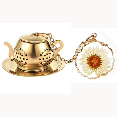 Infusor de té de acero inoxidable con colgante de resina de margarita real