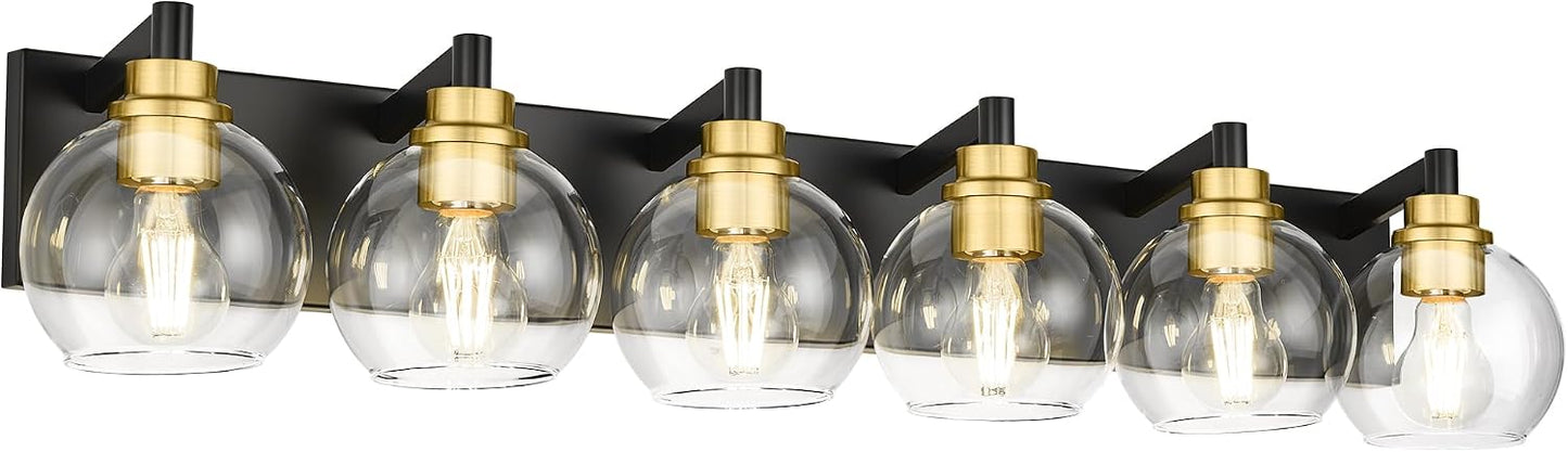 Lámpara baño 6 luces negras y doradas 38pulg apliques