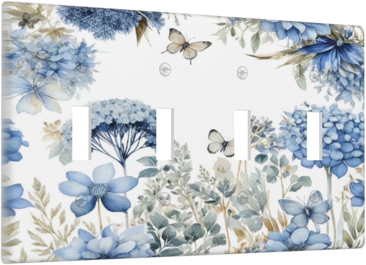 Cubiertas placa interruptor flores azules hojas mariposa beige 4 segmentos