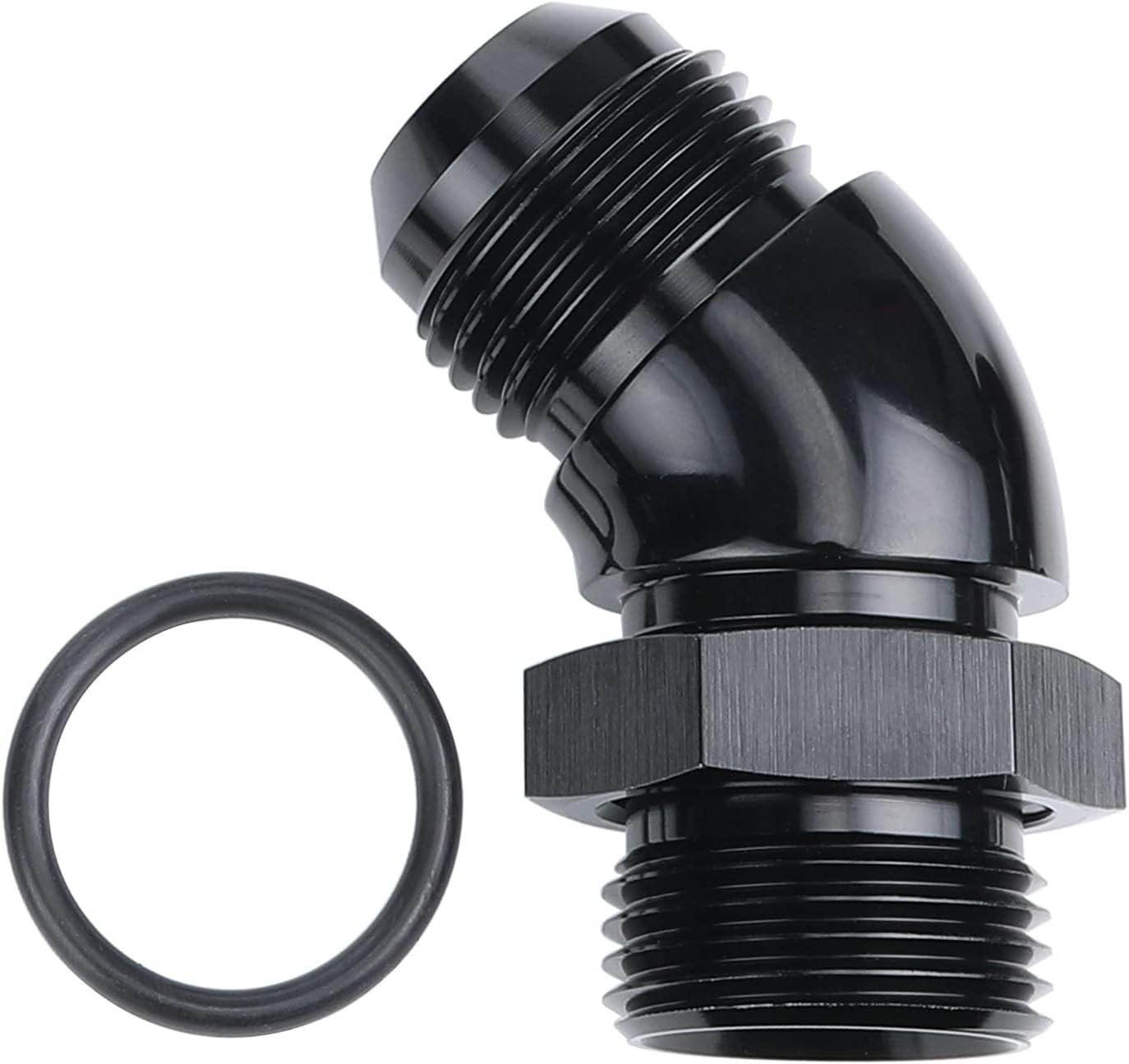 Adaptador flujo completo aluminio negro 45 grados