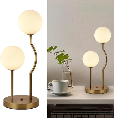 Lámpara mesa globo dorado 2 luces pantalla vidrio blanco