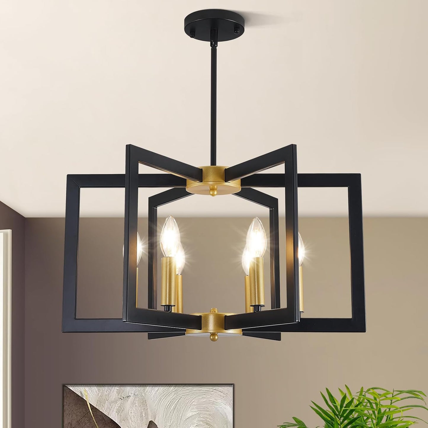 Lámpara araña 6 luces geométrica negra y dorada 21.6pulg