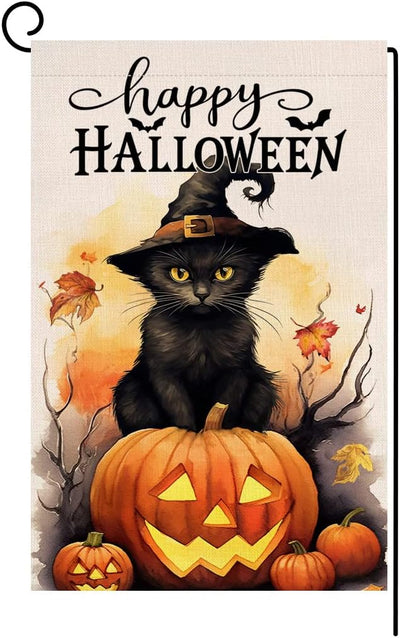 Bandera jardín gatos Halloween 12x18pulg doble cara