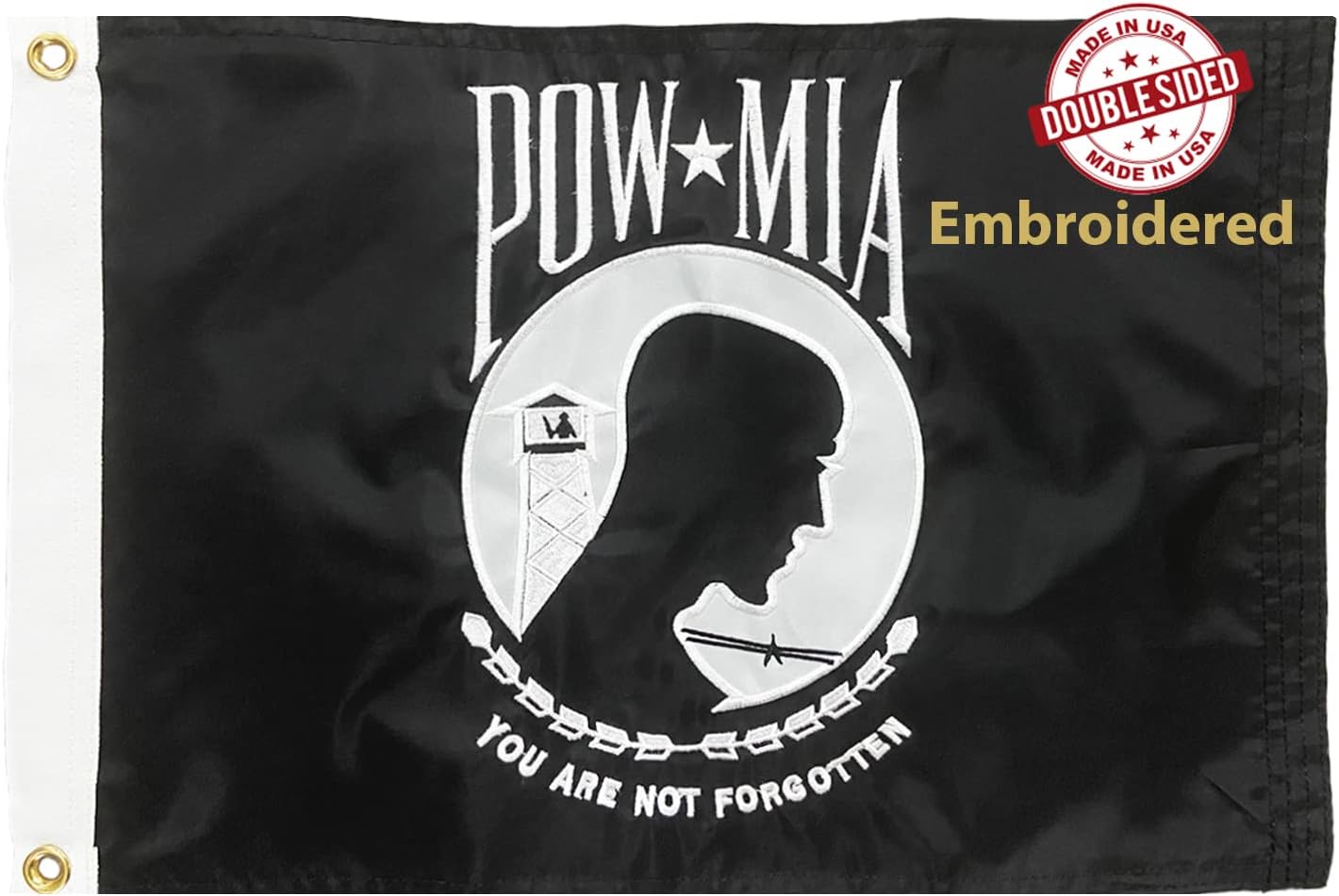 Bandera Pow Mia 12x18" doble cara texto inglés militar
