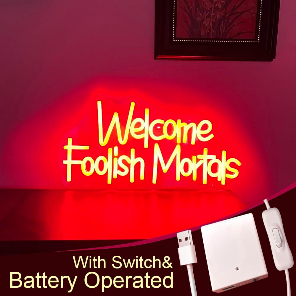 Letrero neón Welcome Foolish Mortals para Halloween gótico