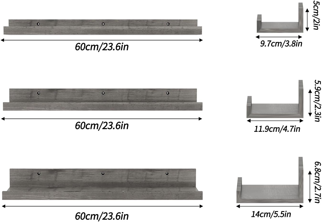 Estantes flotantes gris 24" para pared 3 tamaños
