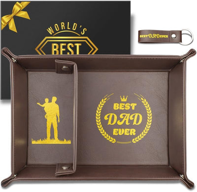 Set Bandeja Valet Cuero PU y Llavero Regalo Papá Marrón