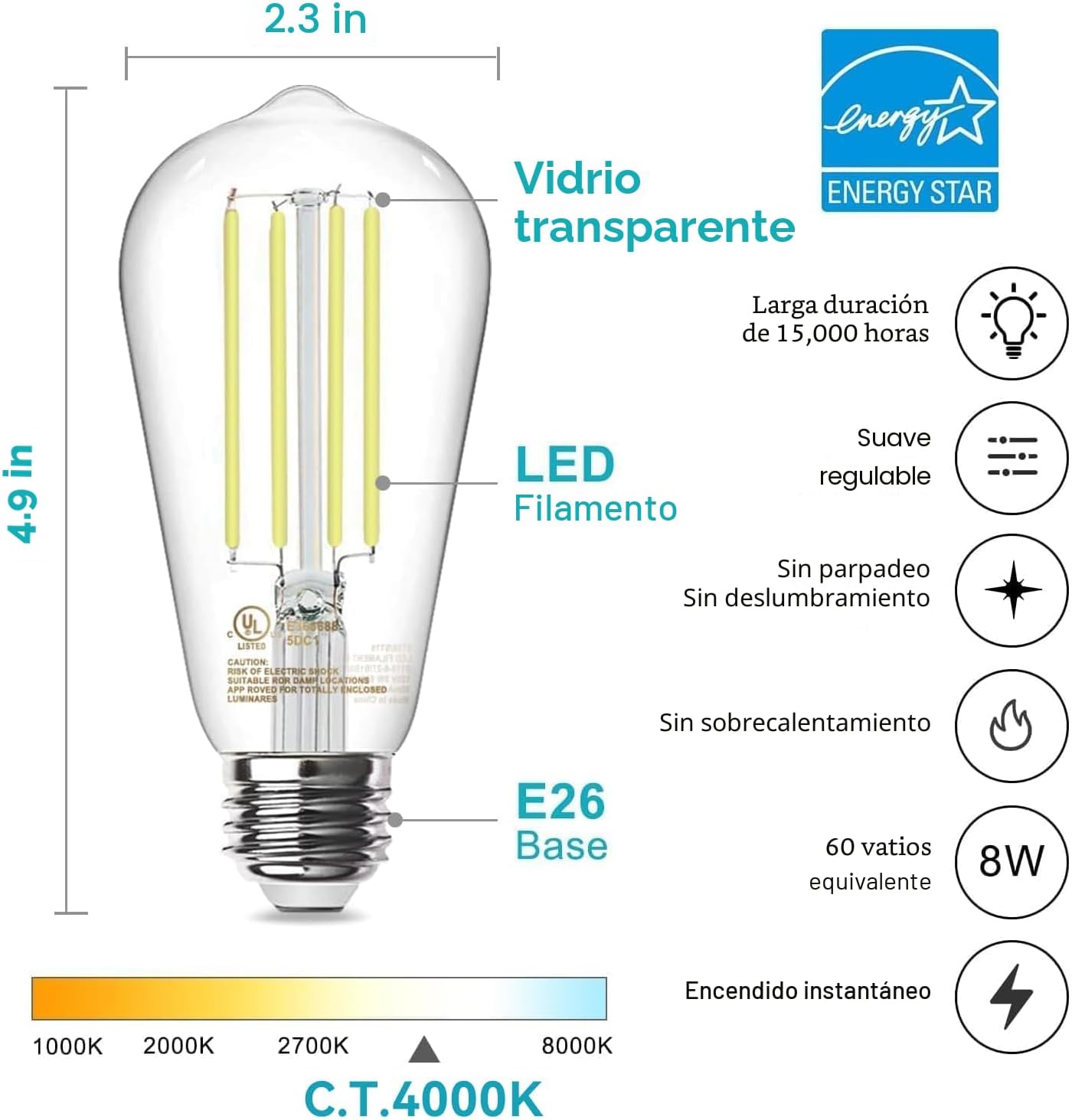 12 Bombillas LED Edison E26 8W 4000K Blanco Natural Regulable
