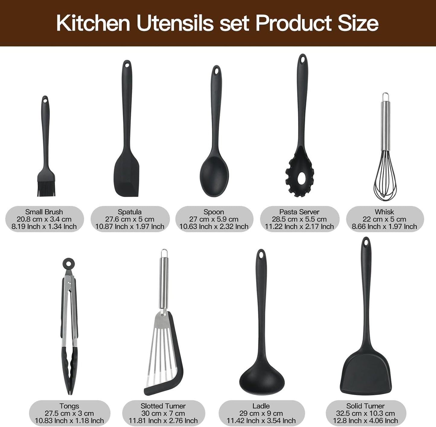 Set 9 Utensilios Silicona Negro Antiadherente Apto Lavavajillas