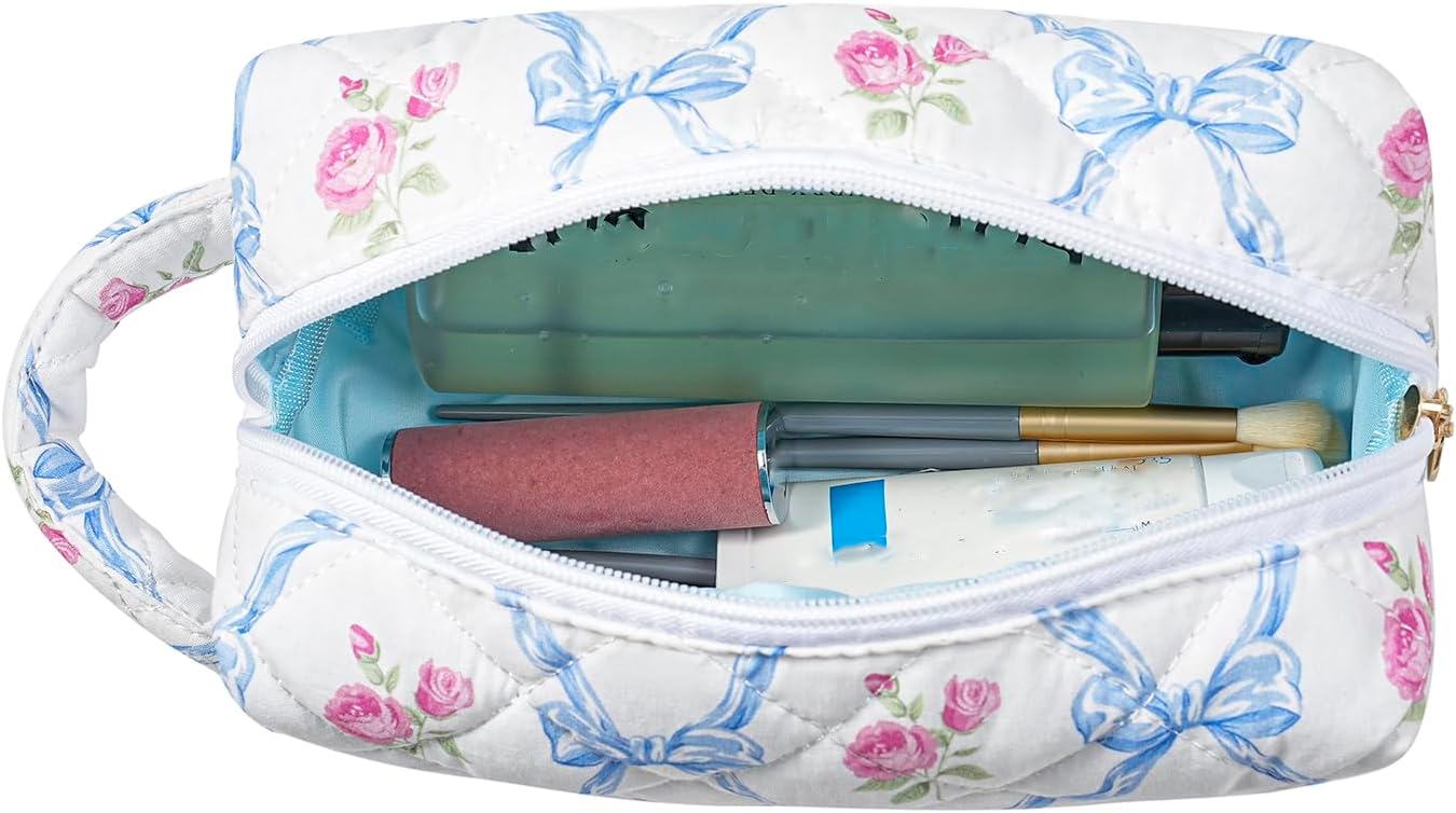 Bolsa maquillaje viaje con cremallera organizadora flores lazo azul
