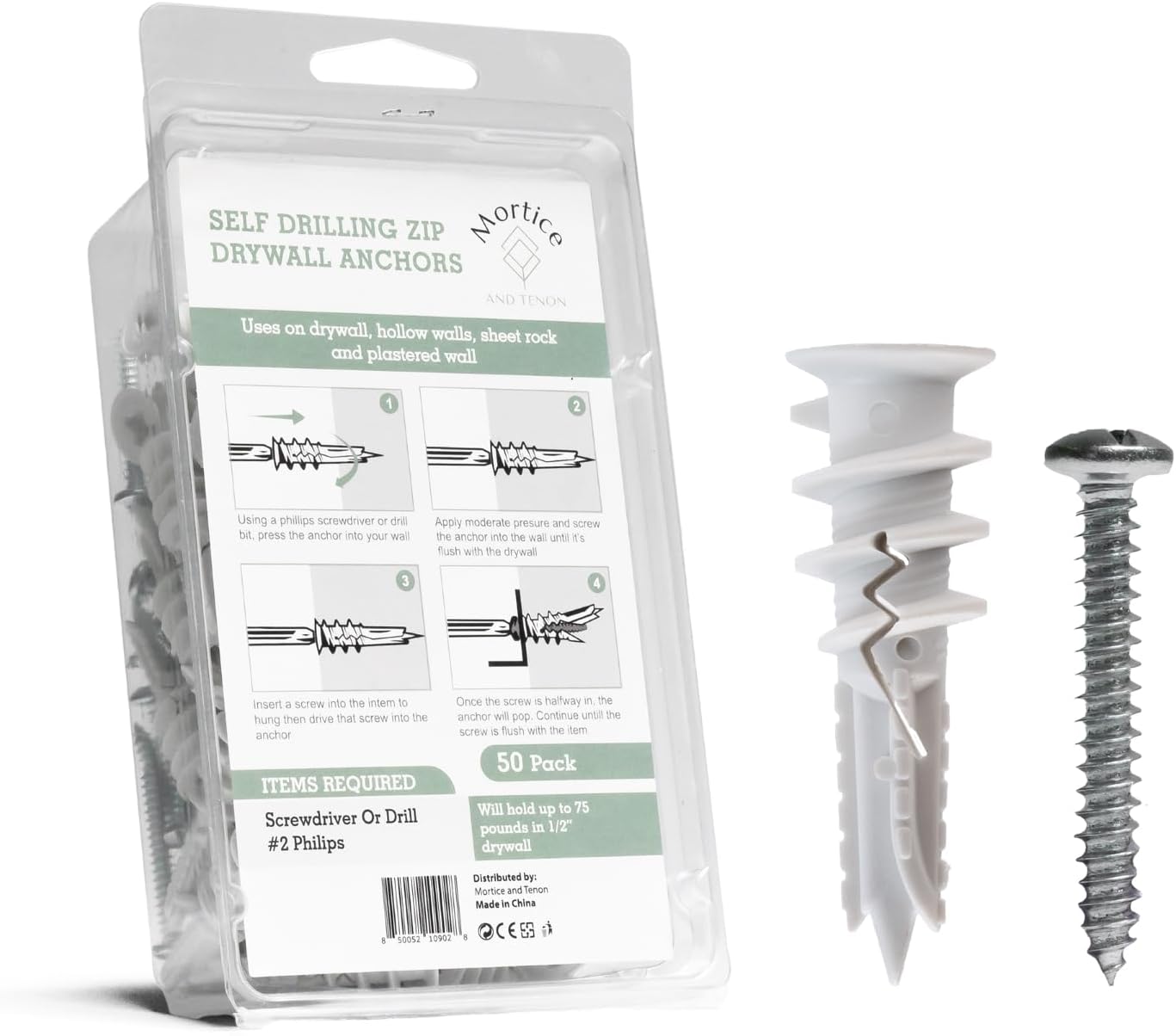 Anclajes pared nylon reforzado 90lb paquete 50 para drywall