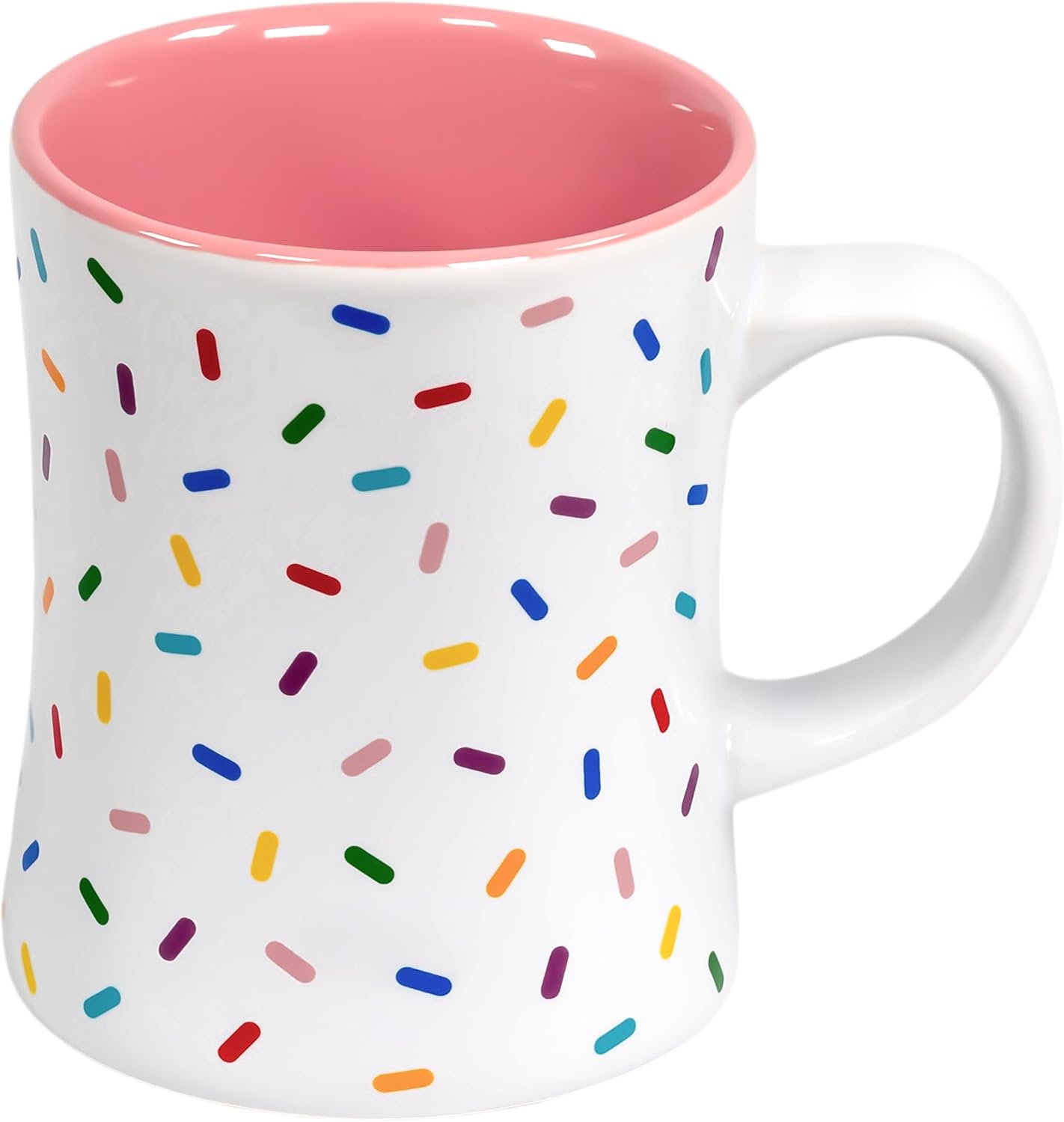 Taza café rosa con chispas arco iris cerámica blanca
