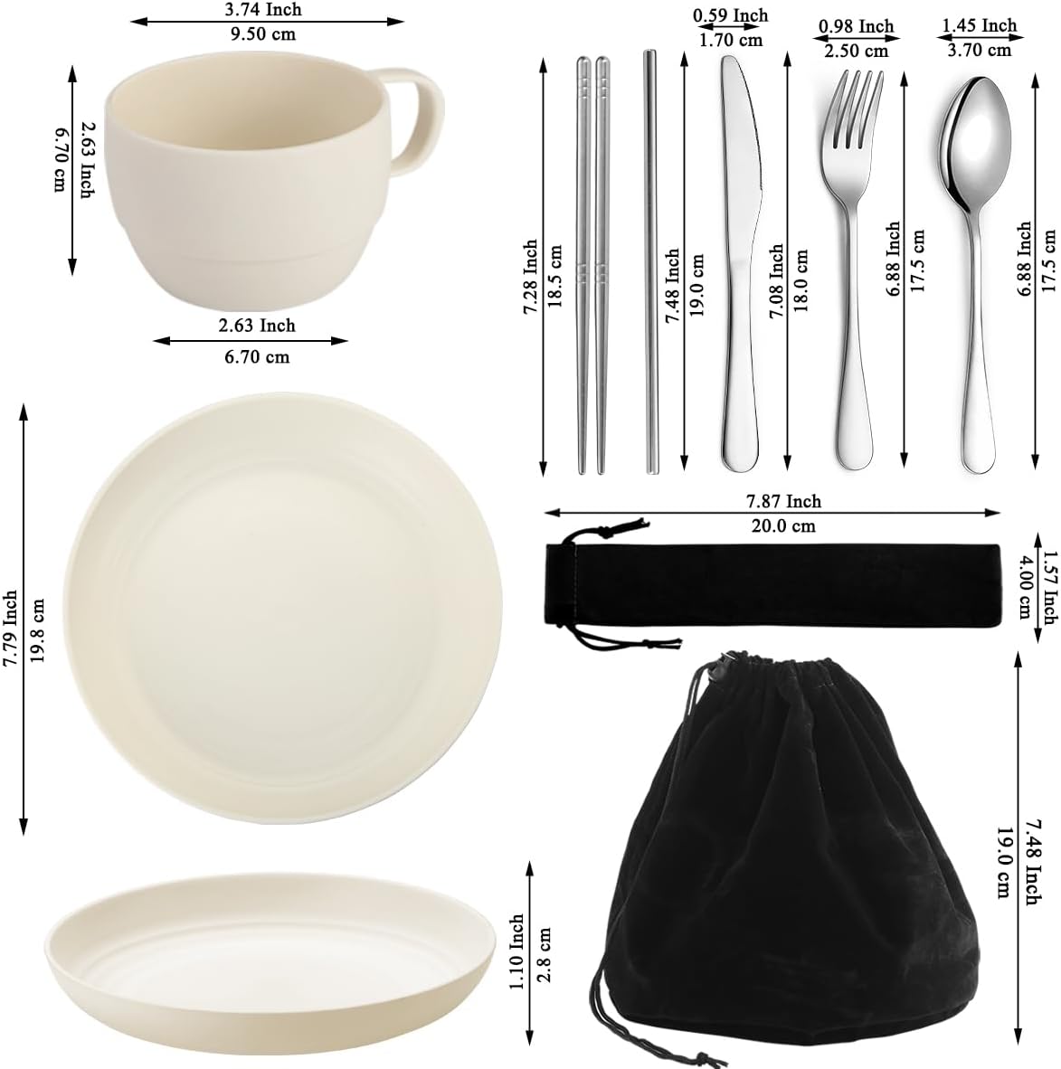 Set platos taza cubiertos viaje al aire libre blanco