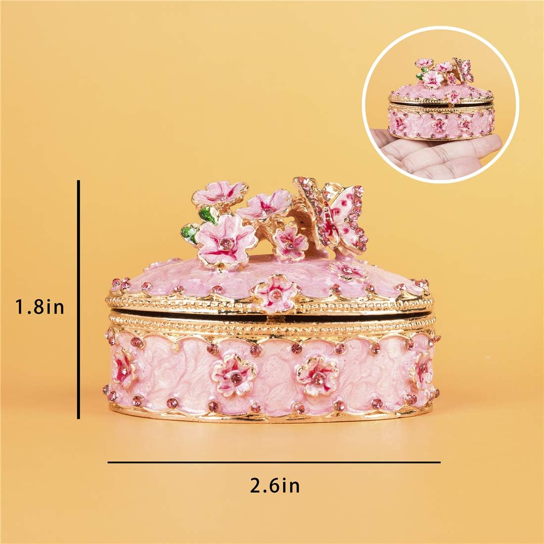 Caja joyero cristal bisagra patrón mariposa flor rosa niña