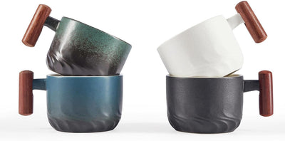 Set 4 Tazas Espresso Cerámica Asa Madera Demitasse