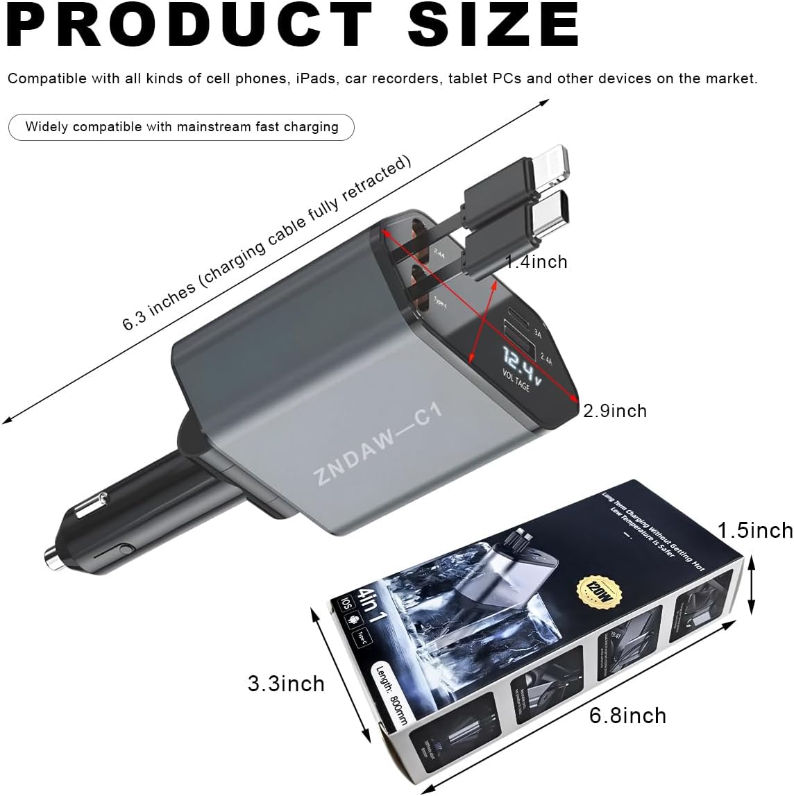 Cargador coche 4en1 120W USB-C/A doble cable