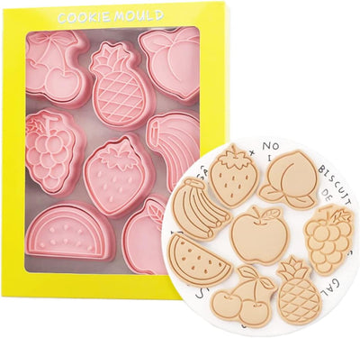 Juego 8 cortadores galletas frutas sellos plástico