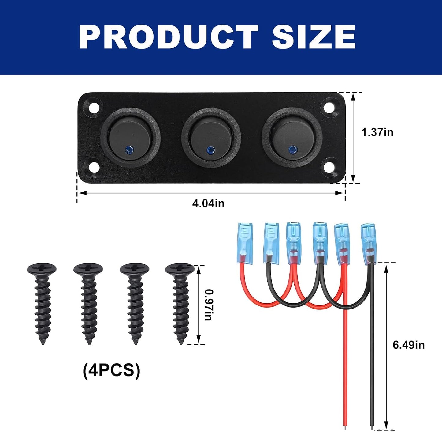 Panel interruptor basculante 3 bandas LED azul DC 12V 20A
