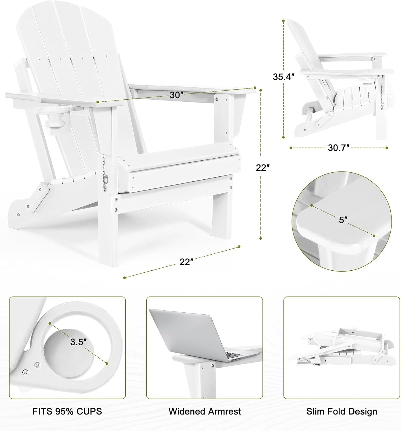 Sillas Adirondack Plegables Plástico Portavasos Blanco