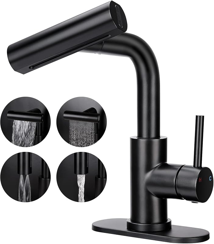 Grifo lavabo rociador 4 modos manija negra drenaje emergente