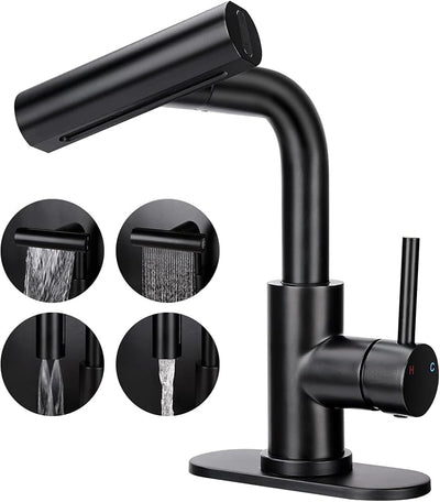 Grifo lavabo rociador 4 modos manija negra drenaje emergente
