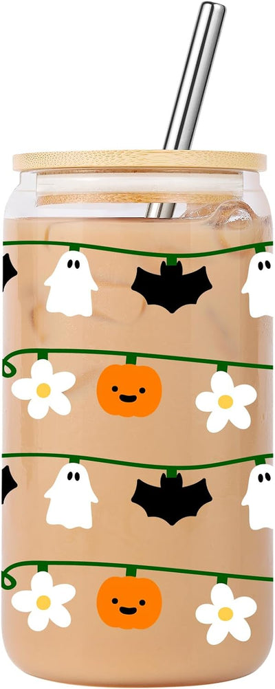 Guirnalda luces fantasma Halloween taza vidrio 16oz con pajita