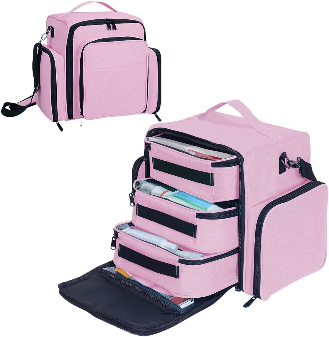Bolsa maquillaje rosa con 3 bolsas interiores viaje