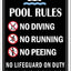Letreros piscina aluminio texto inglés no diving no running