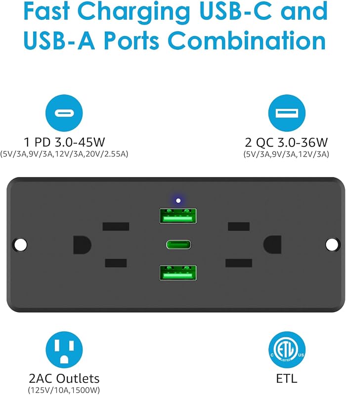 Tira enchufes empotrable 5en1 con USB-C 45W