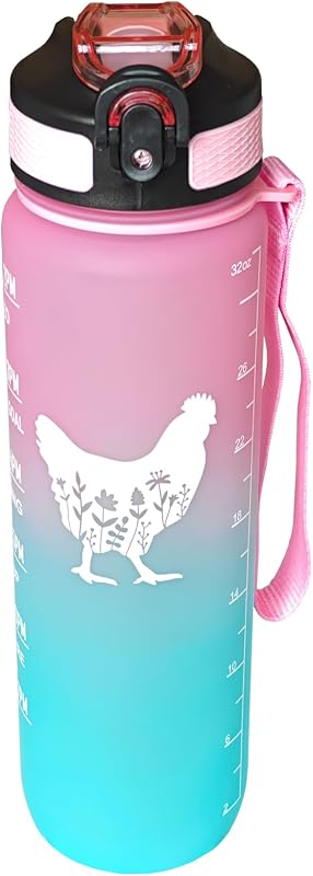 Botella agua pollo floral 32oz sin BPA con popote y correa