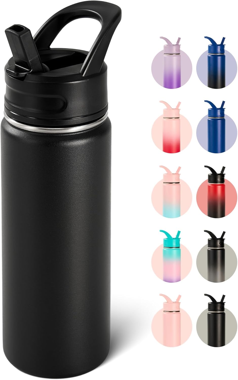Botella agua acero inox 18oz con pajitas sin BPA negro