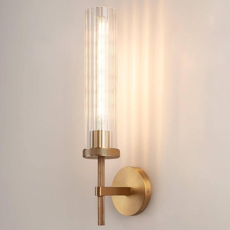 Aplique pared latón moleteado 19.5" tubo vidrio rayas