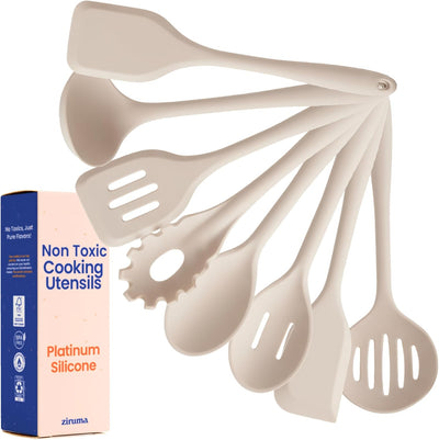 Set 8 utensilios cocina silicona platino no tóxico beige