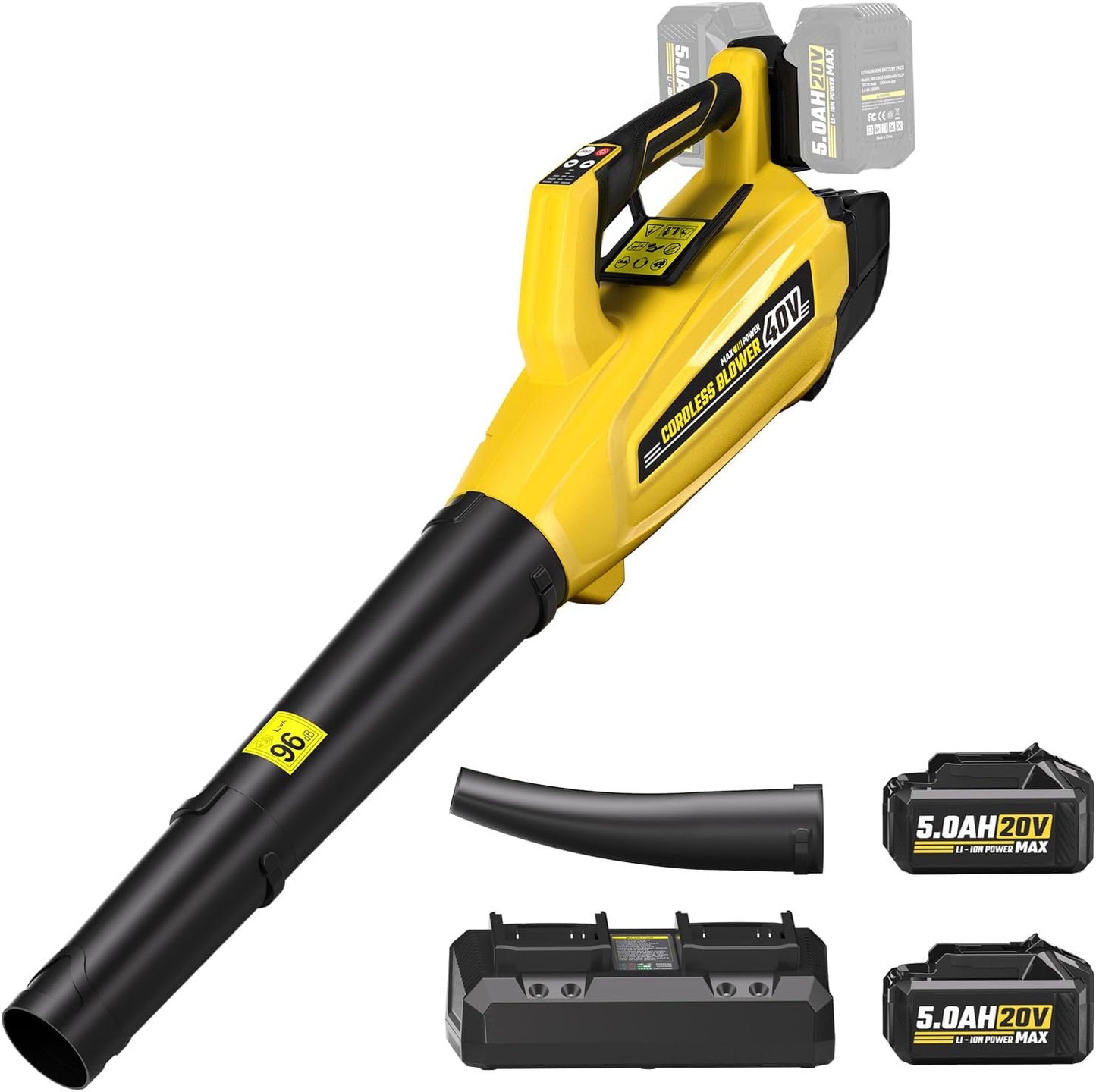 Soplador hojas 40V inalámbrico 2 baterías 5Ah motor sin