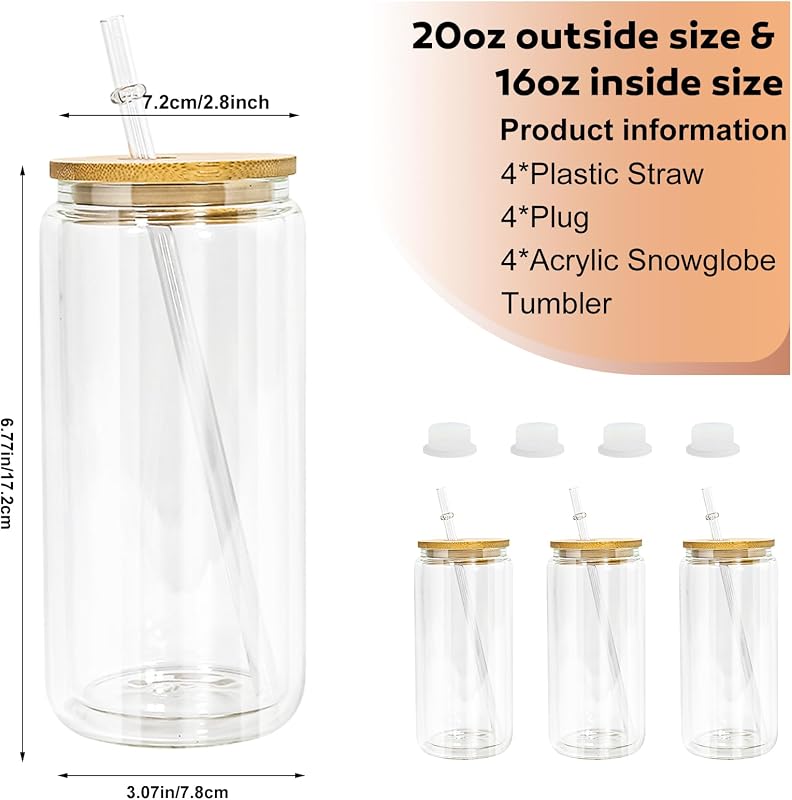 4 Vases Acrílicos Globo Nieve 20oz Con Tapa Bambú Popote Blanco
