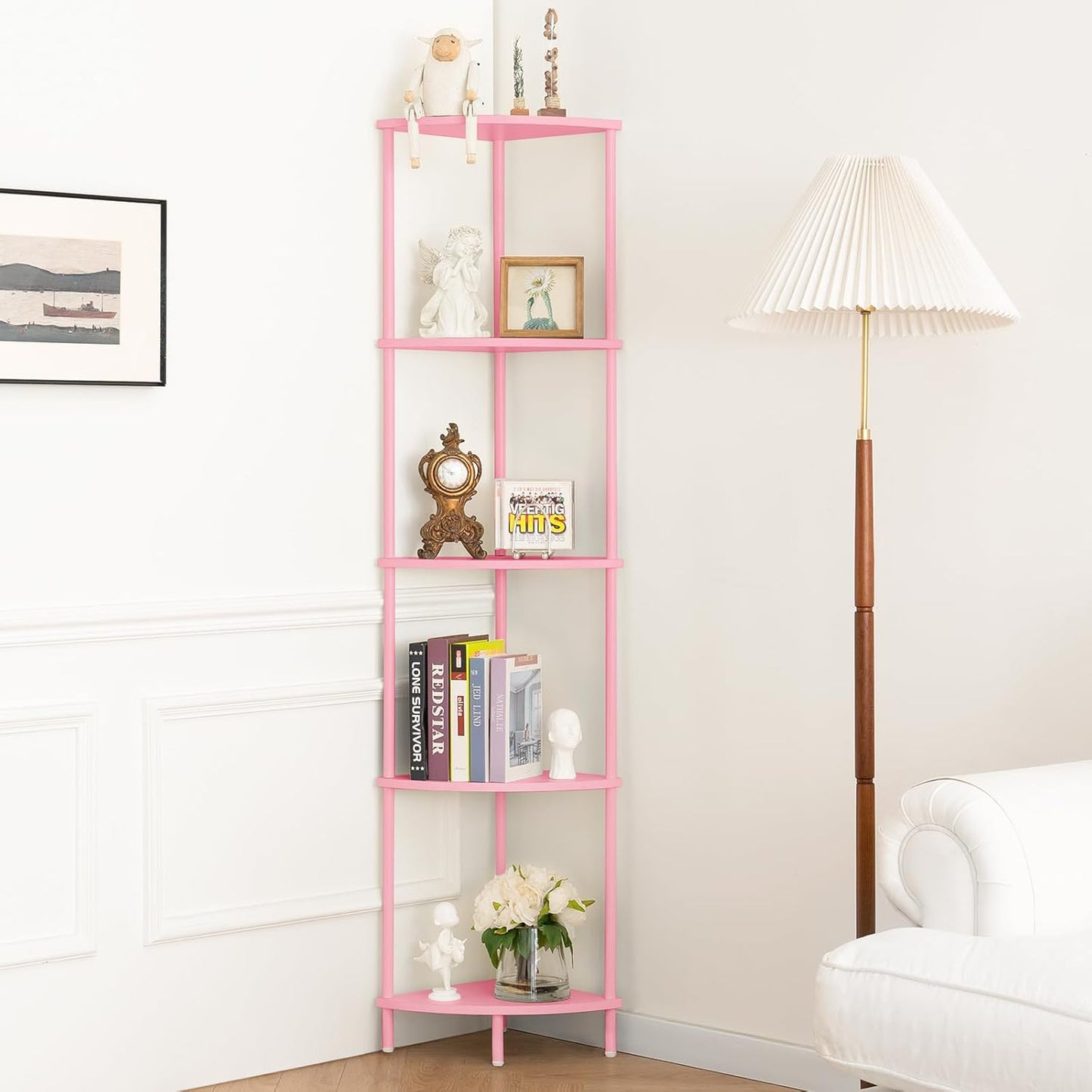 Estante esquinero 5 niveles 65pulg rosa dormitorio oficina