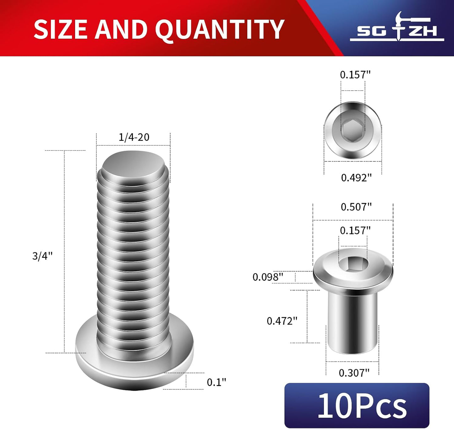 Set 10 tornillos cabeza plana hex 1/4-20 x 3/4 acero inox 304