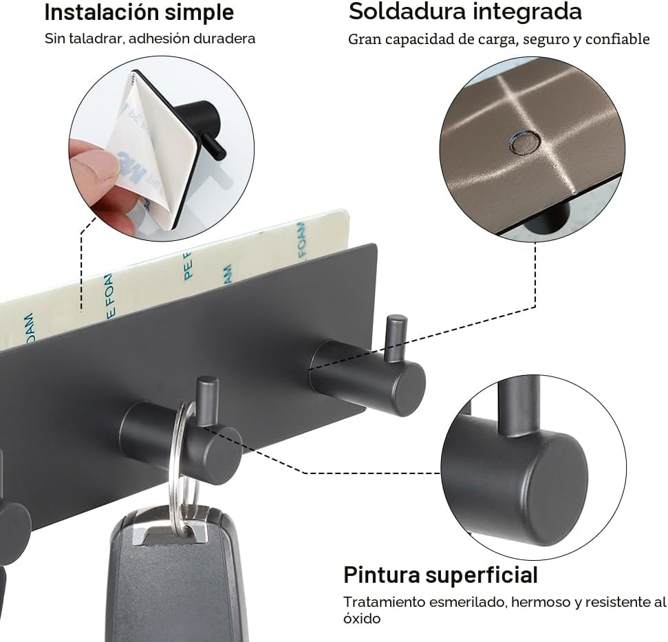 Soporte llaves pared con 3 ganchos 2 cintas autoadhesivas