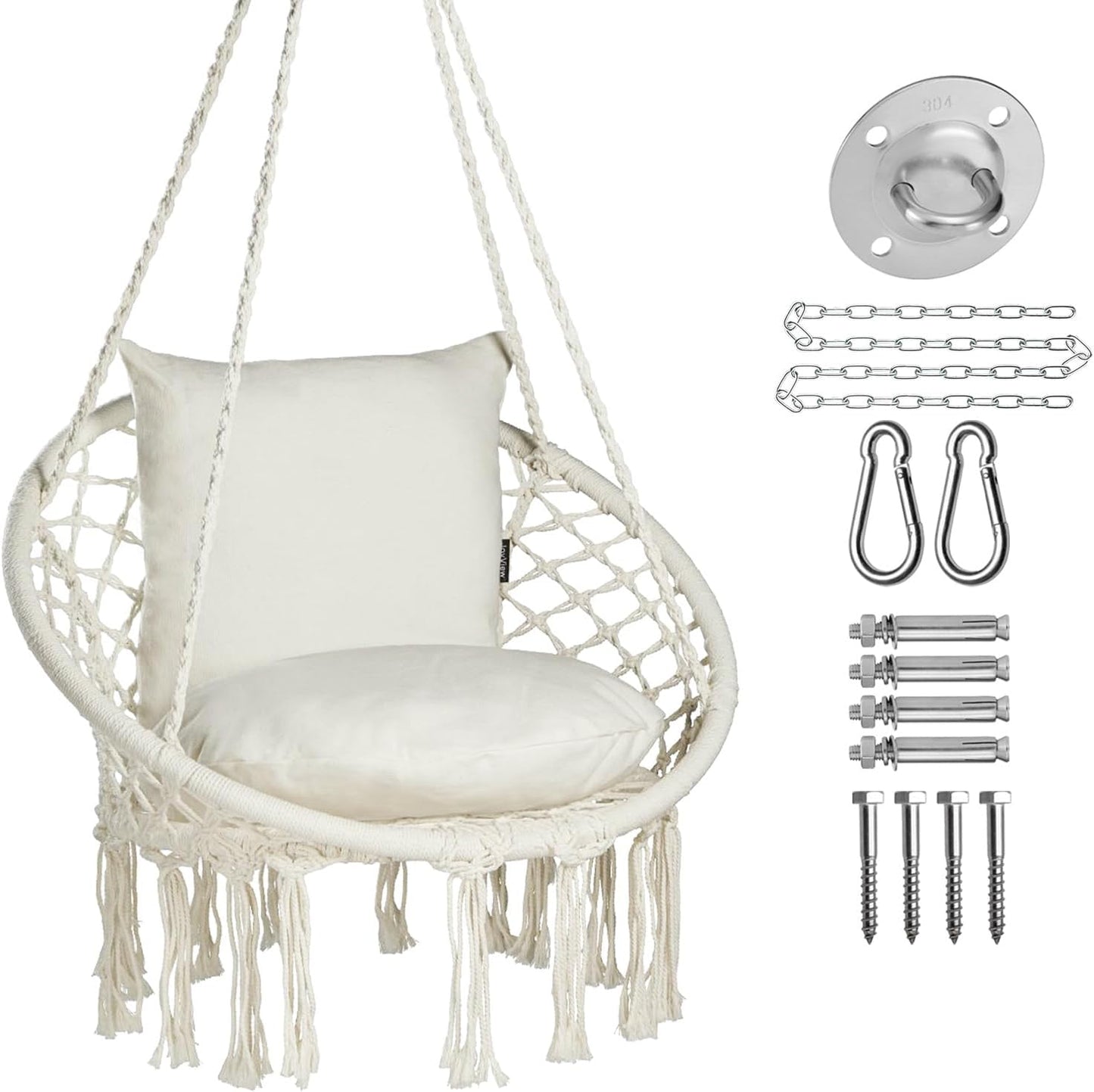 Silla Hamaca Macramé 330lb 2 Cojines Beige