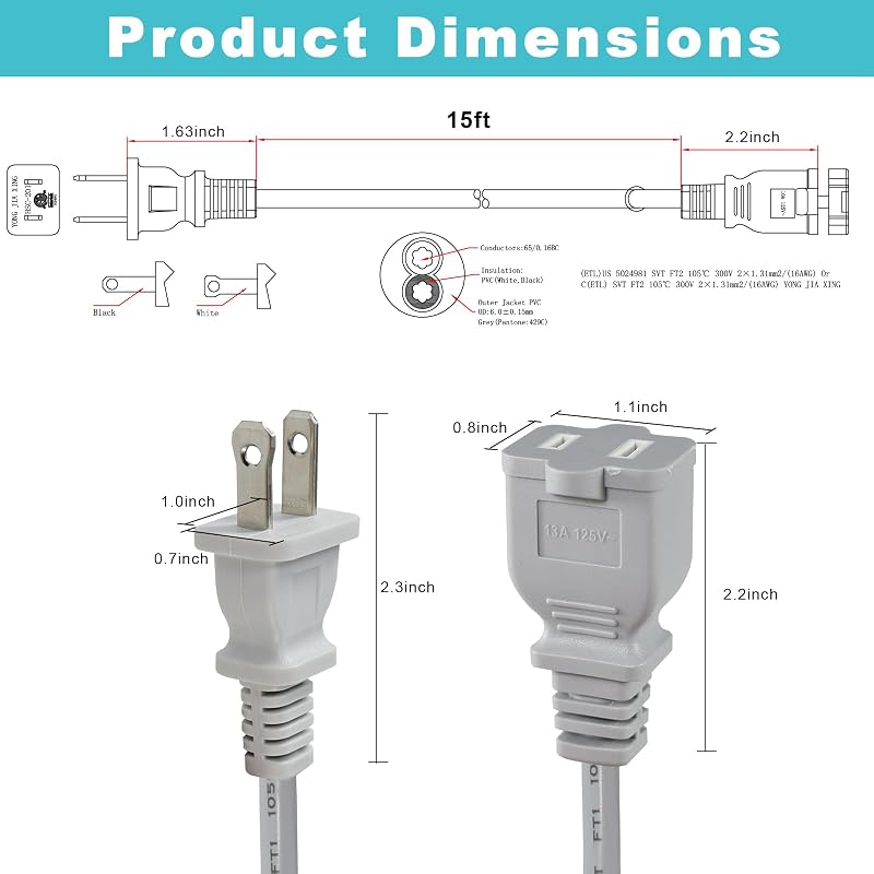 Cable extensión 2 clavijas 15ft 16AWG gris 13A 1625W