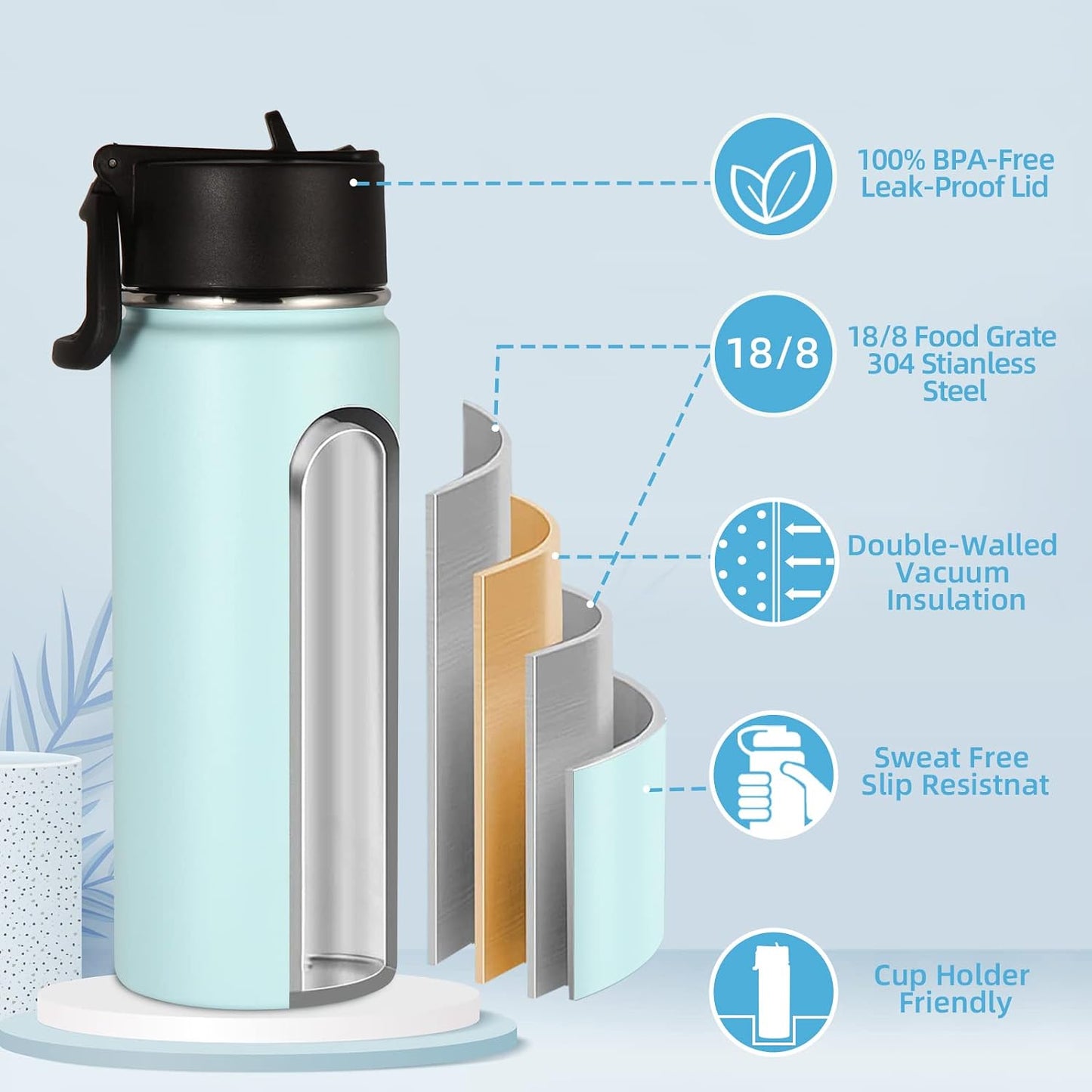 Botella agua aislada acero inox 18oz para niños con pajita