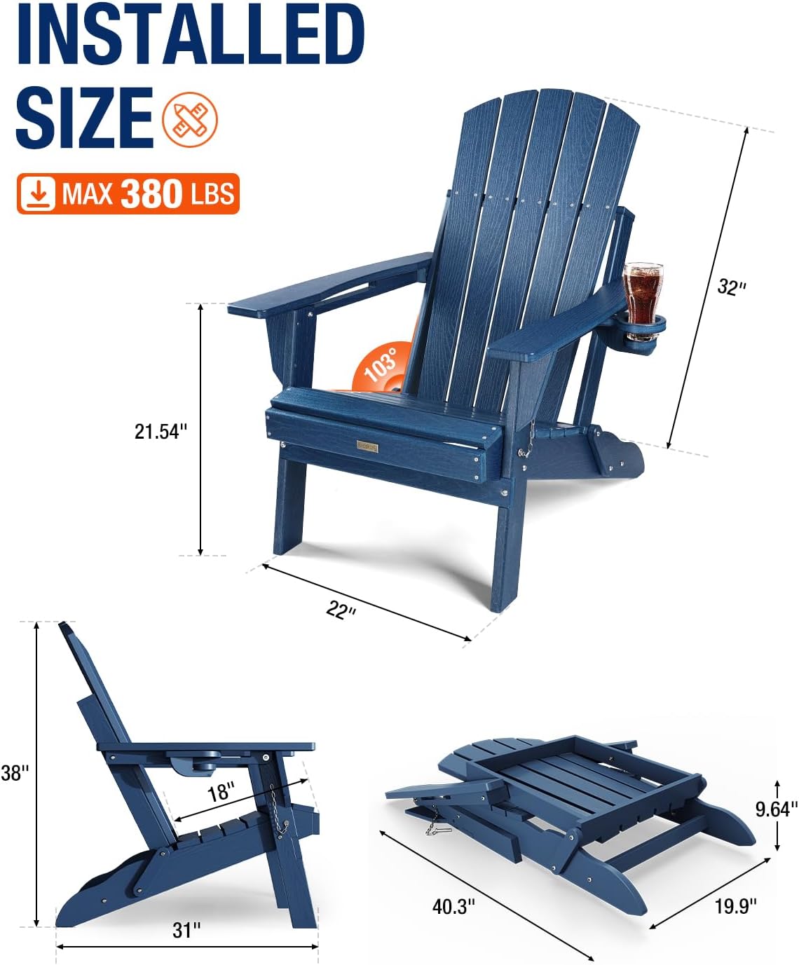 Silla Adirondack Plegable Plástico HDPE con Soporte Tazas