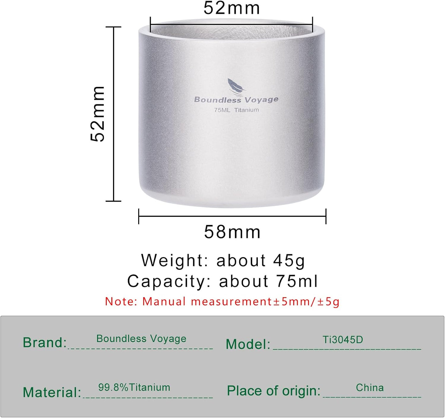 Taza titanio doble pared 2.5oz resistente calor