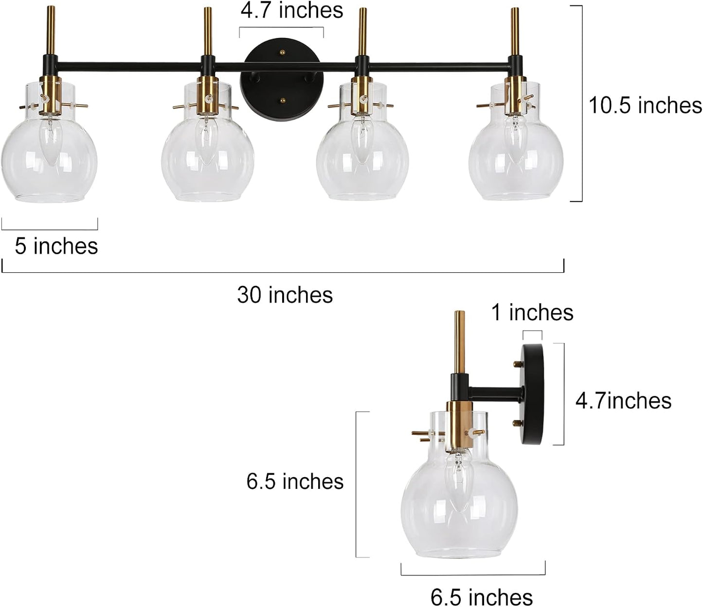 Lámpara baño 4 luces negra 30x6.5x10.5pulg vidrio