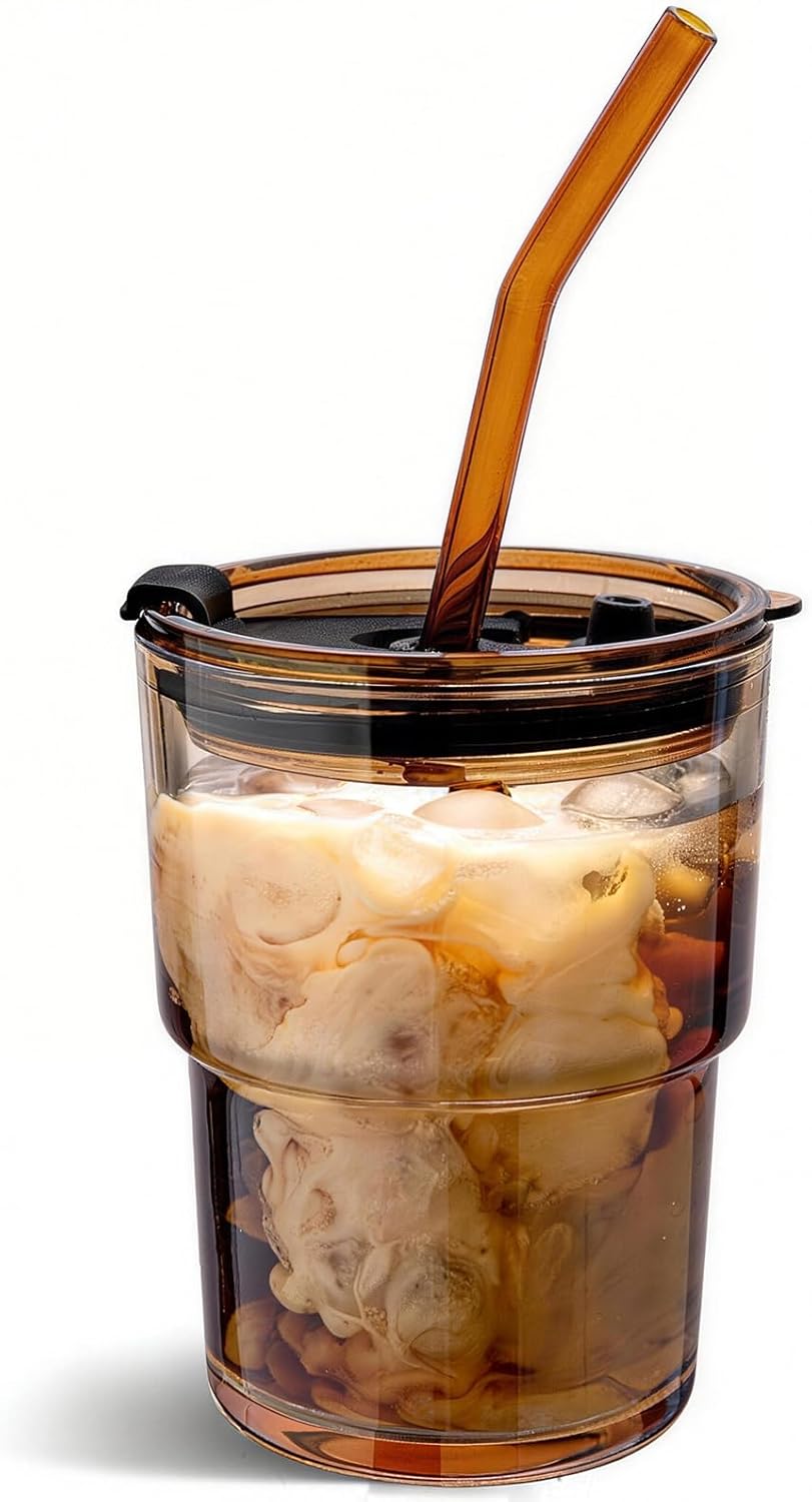 Vaso de vidrio con popote y tapa para café helado, té helado y agua