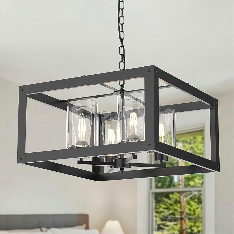 Candelabro negro 4 luces estilo granja con pantalla vidrio