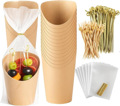 Tazas charcutería 12oz 50pzas papel brochetas bambú palillos